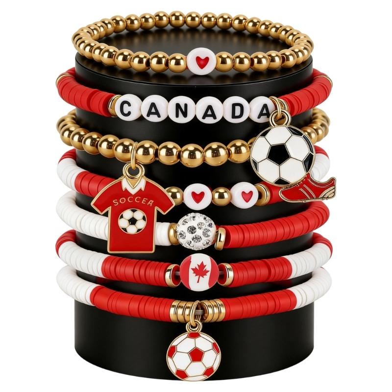2026 Football Bracelet Set For Soccer Fan With Team Color And Football Charm Elastic Wristband