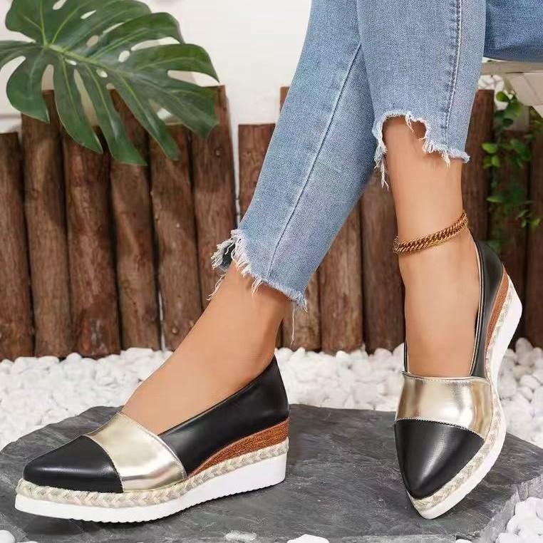 Одиночная обувь Осень Новая Острый носок Неглубокий вырез Соломенная платформа Нескользящая Слипоны Клиновидный каблук 35EUCN36 чёрный 2250₽