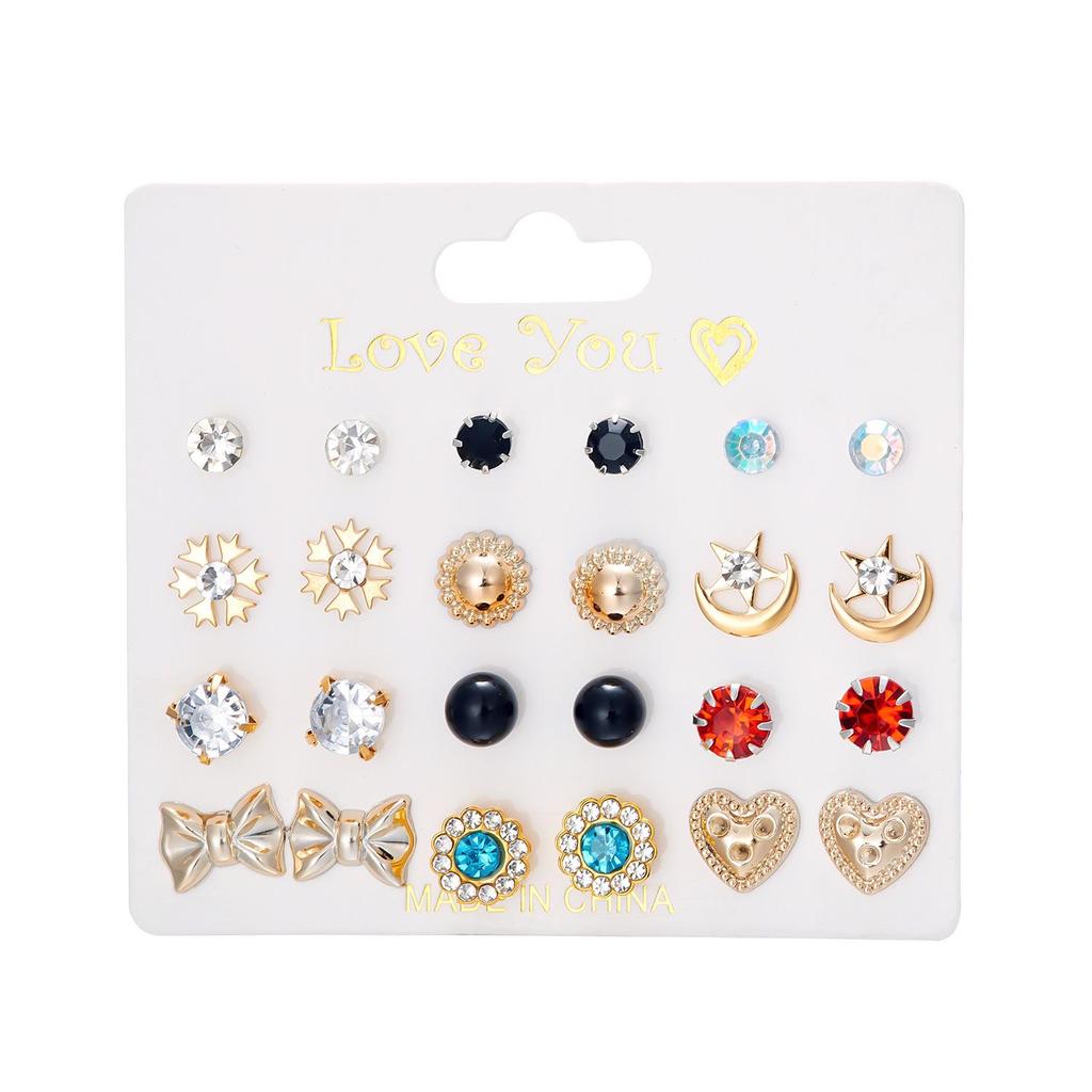 12-Pair Rhinestone Stud Earrings Set: Flower, Heart, Star & Moon Designs