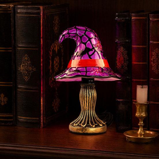 Halloweenový čarodějnický klobouk Stolní lampa, USB vitrážová čarodějnická klobouková lampa, Vintage gotický kouzelnický klobouk Dekorativní noční světlo pro domov, ložnici