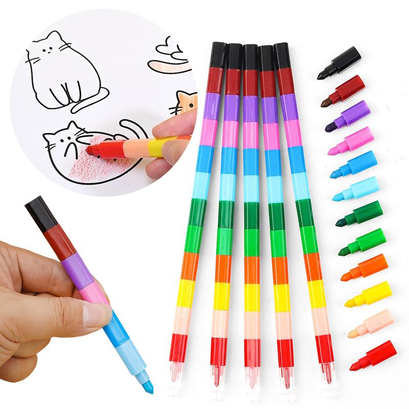 12-36PCS Stackable 12-Color Rainbow Building Blocks Crayon Painting Pen School Office Stationery Party Drawing Carnival Gift ZYF