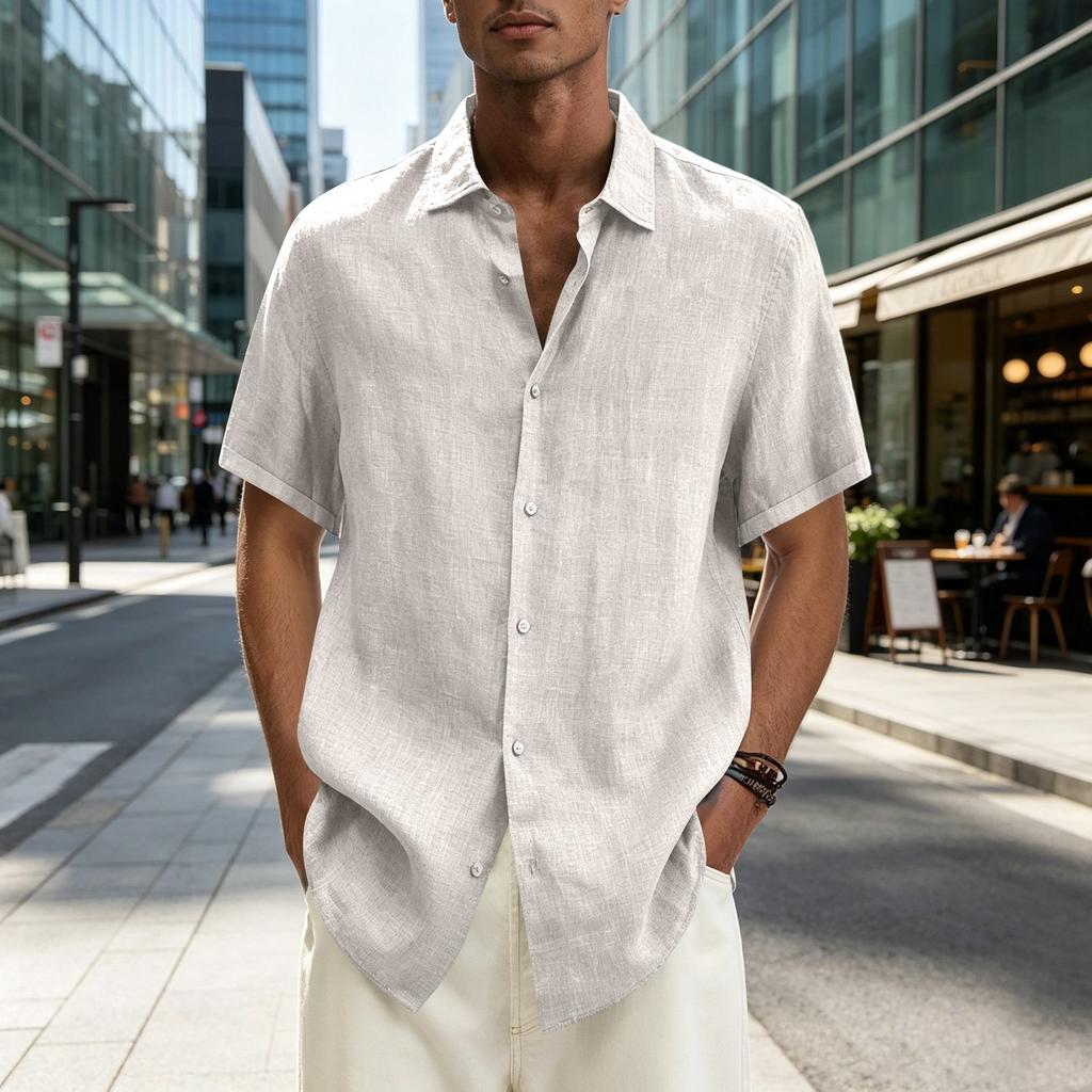 Men's Short Sleeve Button Down Shirt Lightweight Linen Blend Casual Loose Fit Summer Top with V Neck Collar