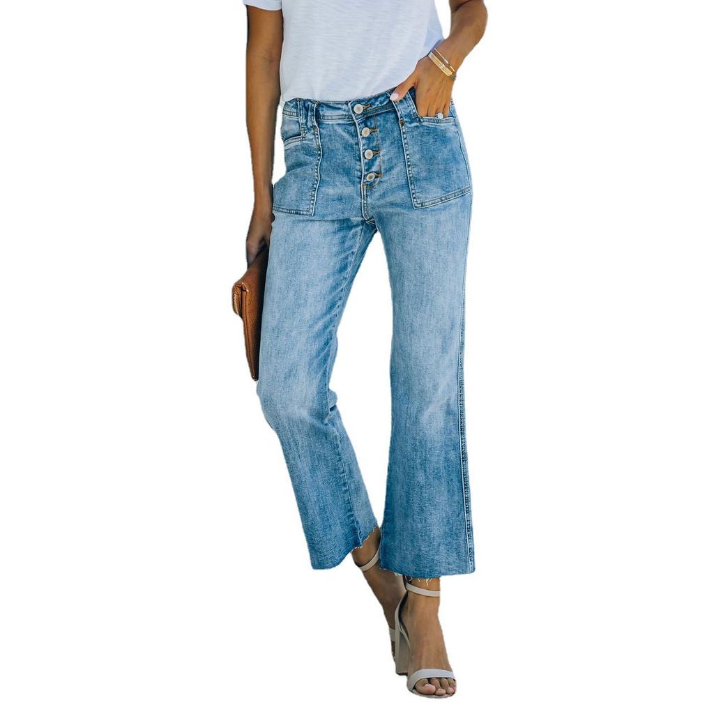 Button Wide Leg Denim High Waisted Women Street Hipster Plain Washed Blue Jeans Plus Size