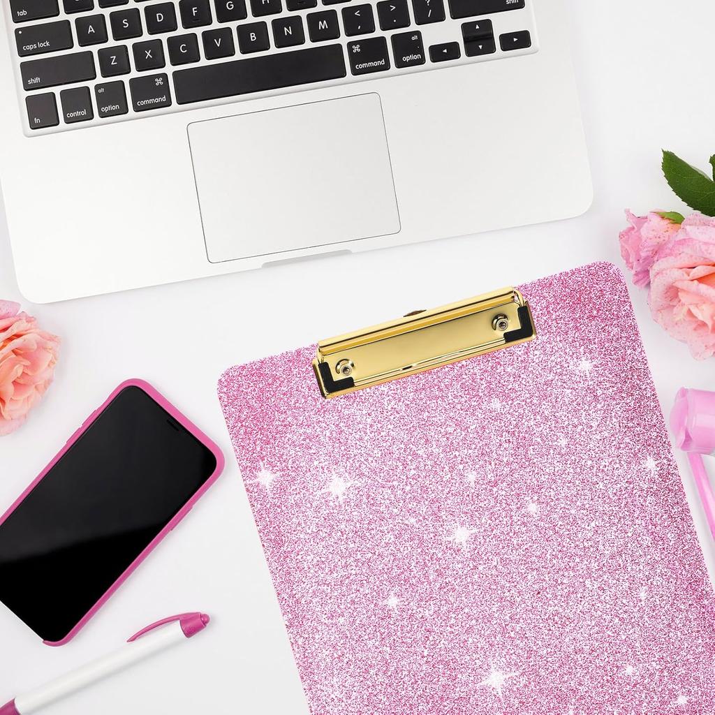 Acrylic Glitter Clipboard, Sparkly Clip Board with Gold Clip A4 Letter Size 12.6 x 8.9 Inch Pink Clipboards for Teacher Classroom School Office