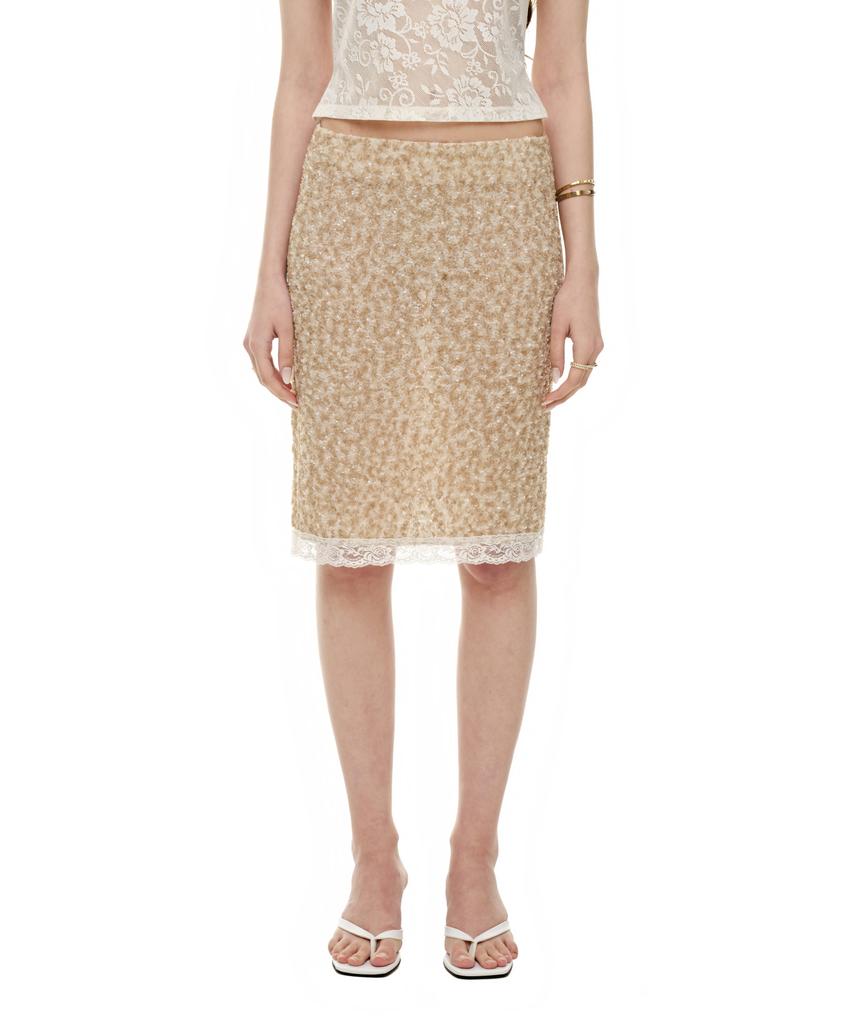 Too Much Tax Lace Point Sparkle Midi Skirt Beige