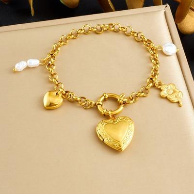 Gold Stainless Steel Heart Locket Charm Bracelet with Pearls and Flower Pendant