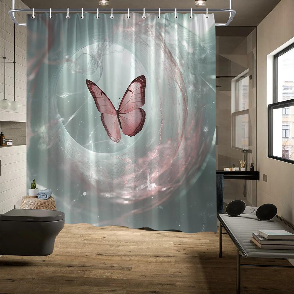 Butterfly & Floral Shower Curtain - Vibrant Pink Design, Fade-Resistant Polyester, Perfect For All Seasons Bath Decor