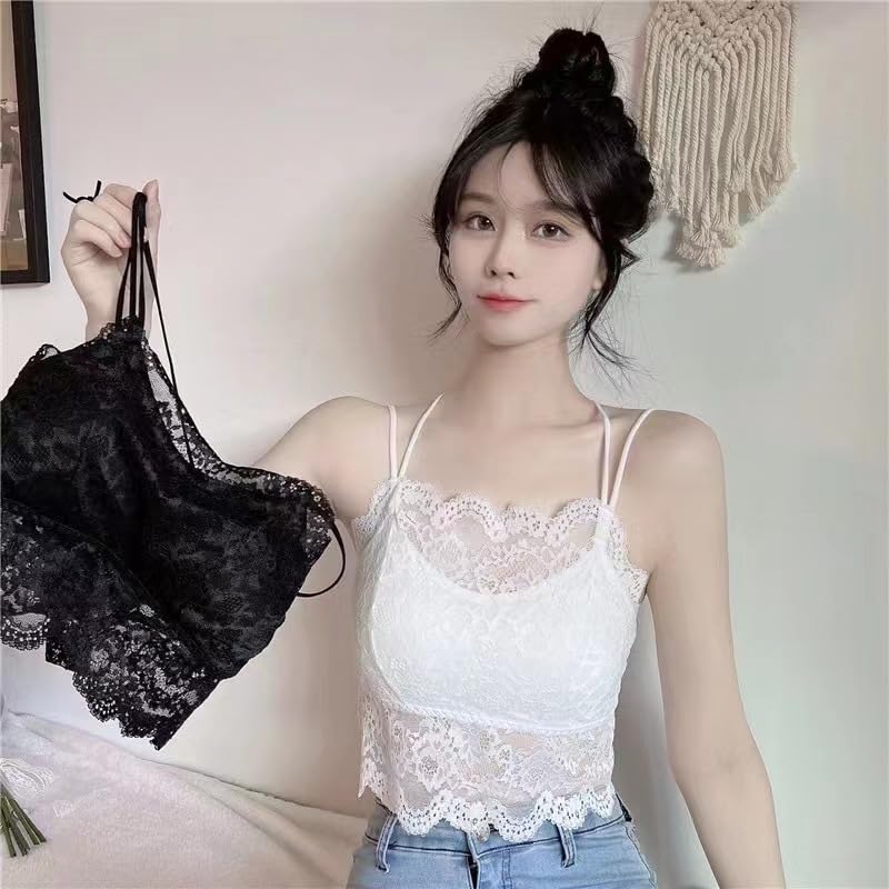 88flix Lace Camisole Bustier Bra Top with Inner Cleavage Cups, Pads, Wireless, (White)