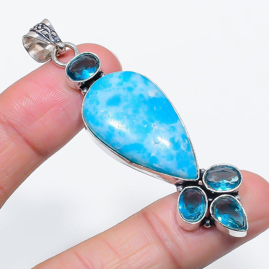 Natural Larimar, Topaz Gemstone 925 Sterling Silver Jewelry Pendant 2.80" D1c32