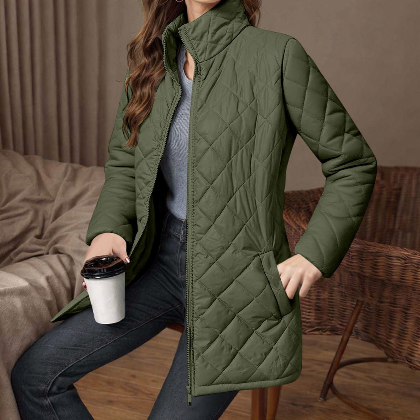 

Женское модное однотонное хлопковое пальто свободного кроя с длинными рукавами на молнии и карманами L армия зеленый