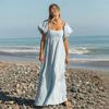 Dress European and American spring and summer new square neck bubble sleeve waist seaside vacation long dress