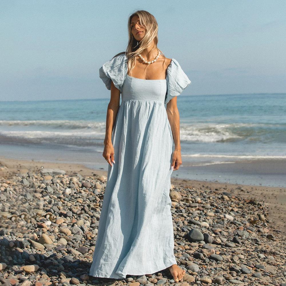 Dress European and American spring and summer new square neck bubble sleeve waist seaside vacation long dress