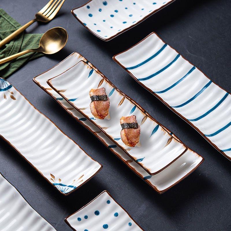Rechteckige Keramikplatte im japanischen Stil, Sushi-Snack-Dessert-Serviertablett für Frühstück & Haushaltsgeschirr