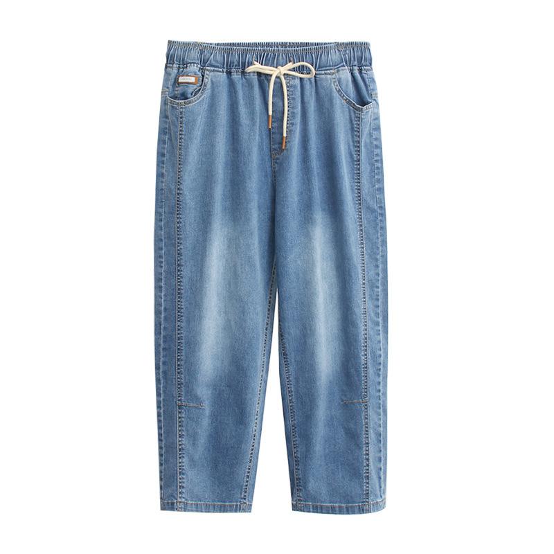 

Spring Summer Women s Korean Style Stretchy Plus Size Denim Capris Elastic Waist and Casual Fit Women s Pants 9XL синій