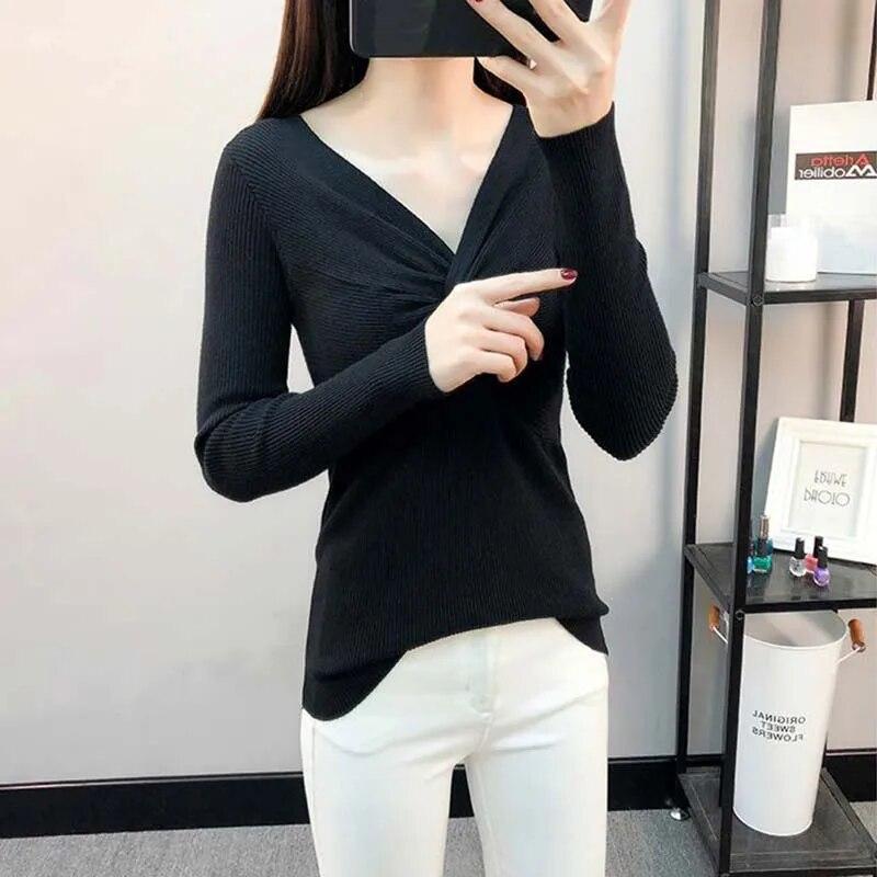 Pullover mit V-Ausschnitt für Damen, schmale Passform, kurzes Oberteil, Pull-Pullover, Strickpullover, solide Langarm-Damen, Frühling und Herbst