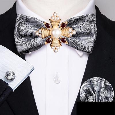 Mens Bow Tie with Pearl Brooch Paisley Silk Pre-tied Bowtie Hanky Cufflinks for Wedding Dating
