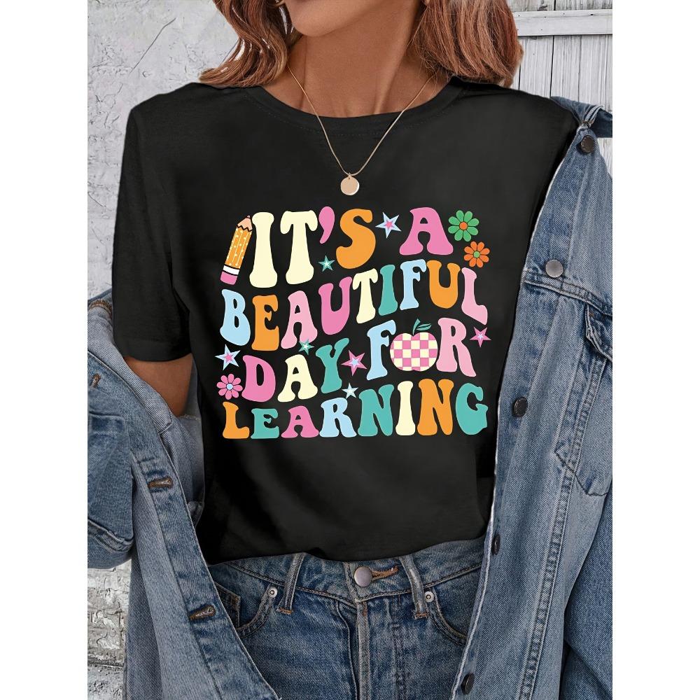 

It s A Beautiful Day For Learning Women s Tee Retro Groovy Teacher Graphic Casual Black Top S