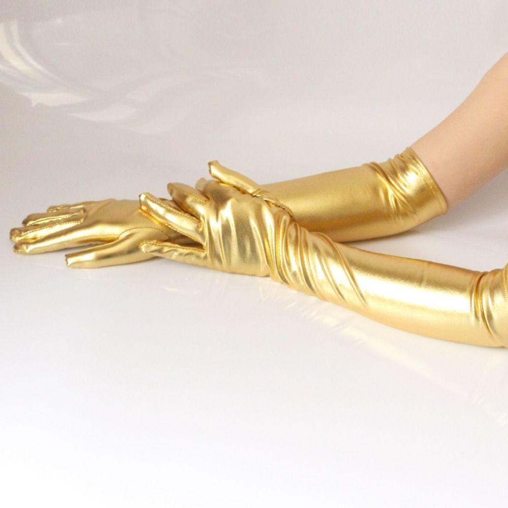 Gants en Cuir Brillant Mode Couleur Or Argentée Performances Scéniques Gants d'Etiquette Longs/Courts Mitaines Punk Halloween