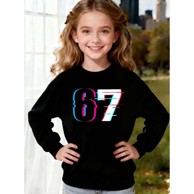 Unisex Kids Red Crewneck Sweatshirt For 4-12 Boys Girls Glitch Neon Pink Cyan Distorted Number 67 Print Soft Fleece Long Sleeve Pullover