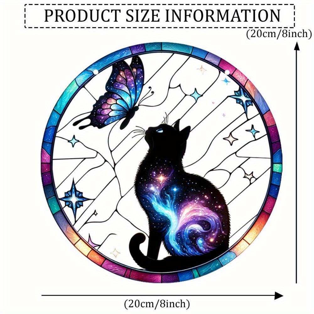 Galaxy Cat & Butterfly Sun Catcher. Painted glass decor for garden, office, room. Ideal gift.