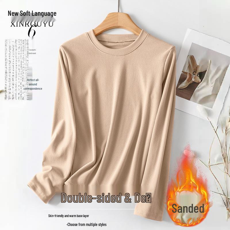 Women's Solid Color Round Neck Fleece T-Shirt - Long-Sleeved and Warm, Perfect for Autumn and Winter Layering.