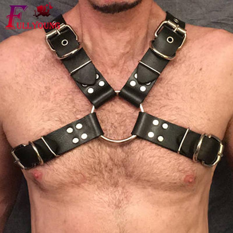 Fullyoung PU Leather Male Chest Harness Bondage Slave Fetish Restraints Straps Belts Sex Products Adult Toys Club Costumes