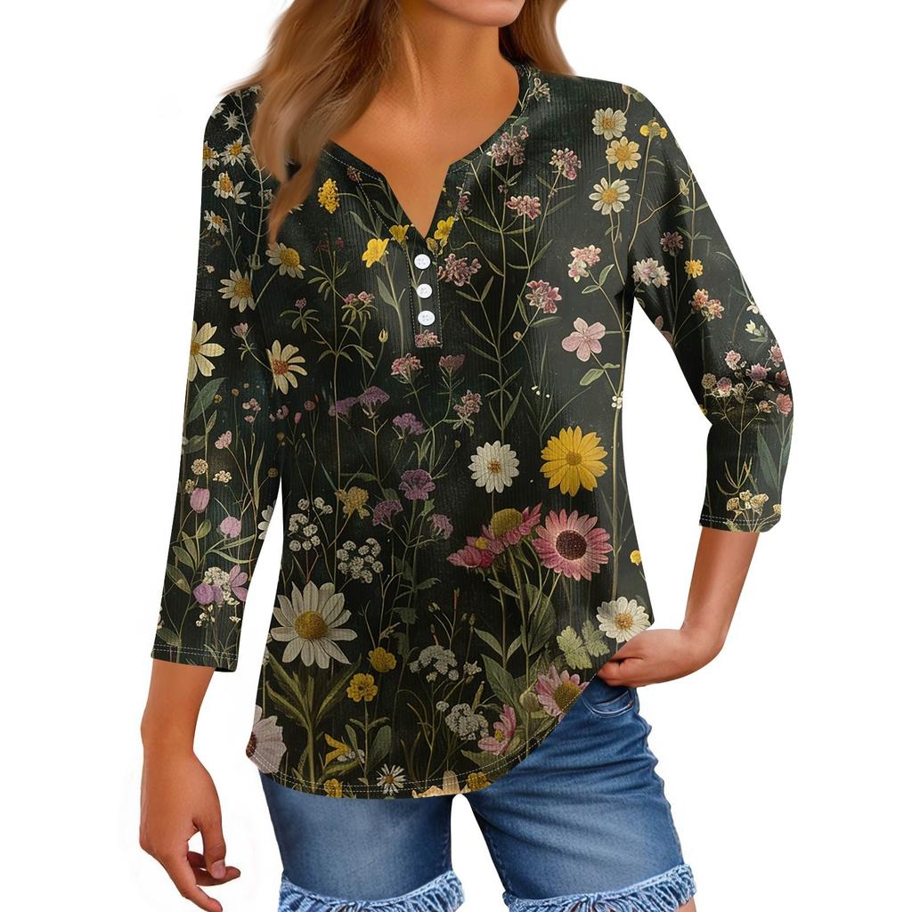 Women's T Shirt Tee Print Button 3/4 Sleeve Tunic Daily Weekend Fashion Basic V- Neck Regular Top