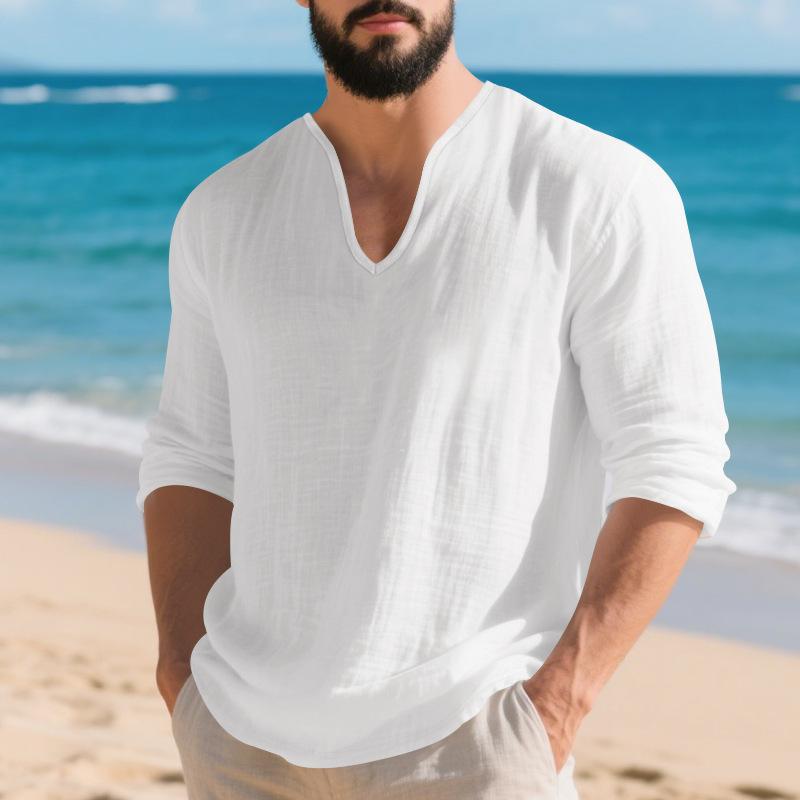 

Весенне-осенняя мужская футболка с длинным рукавом из американского льна, повседневная, с глубоким V-образным вырезом, однотонная, свободного кроя, базовая XXXL