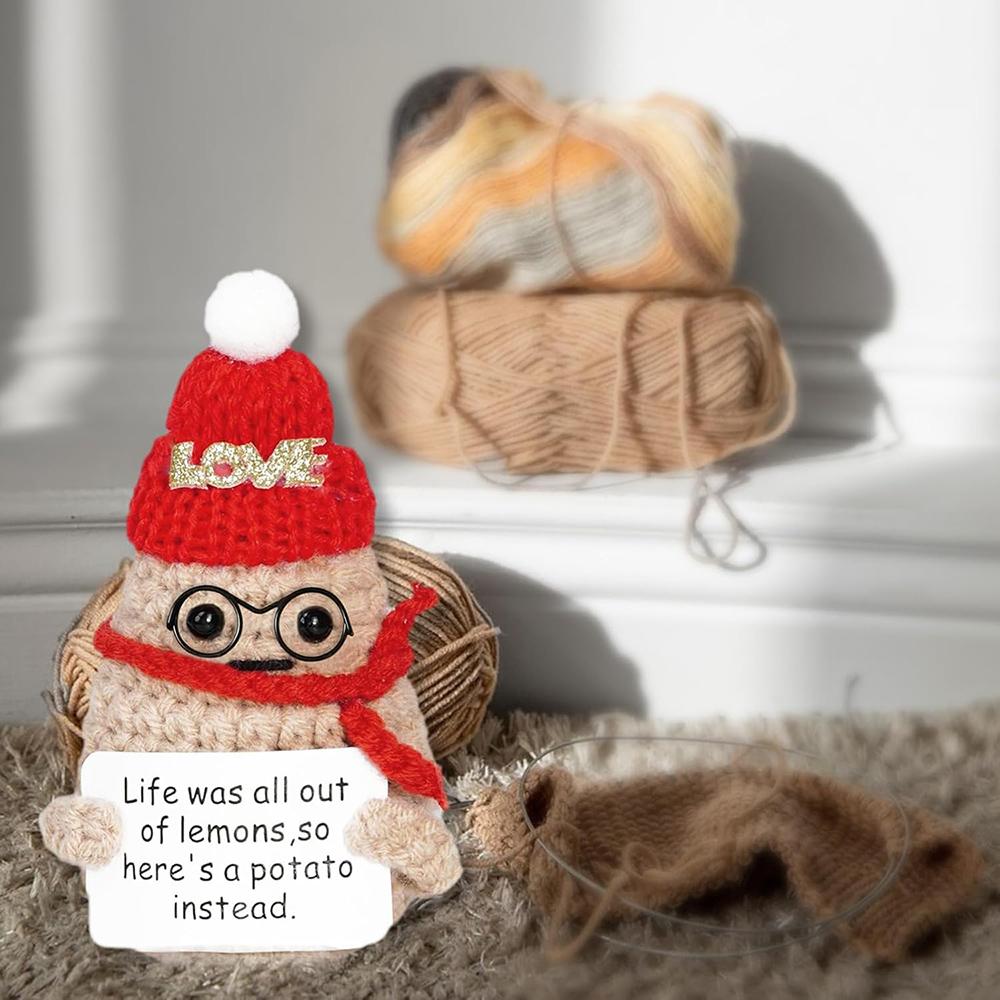 Crochet Positive Potato Mini Pocket Hug Dolls Handmade Plush Knitted Xmas Potatoes Doll With Glasses Christmas Desktop Decor