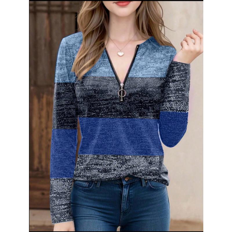 

Women Contrast Color Zip-Up Half-Placket Long Sleeve Casual T-Shirt, Spring/Summer Graphic Tees Women Tops For Spring Outfit XL