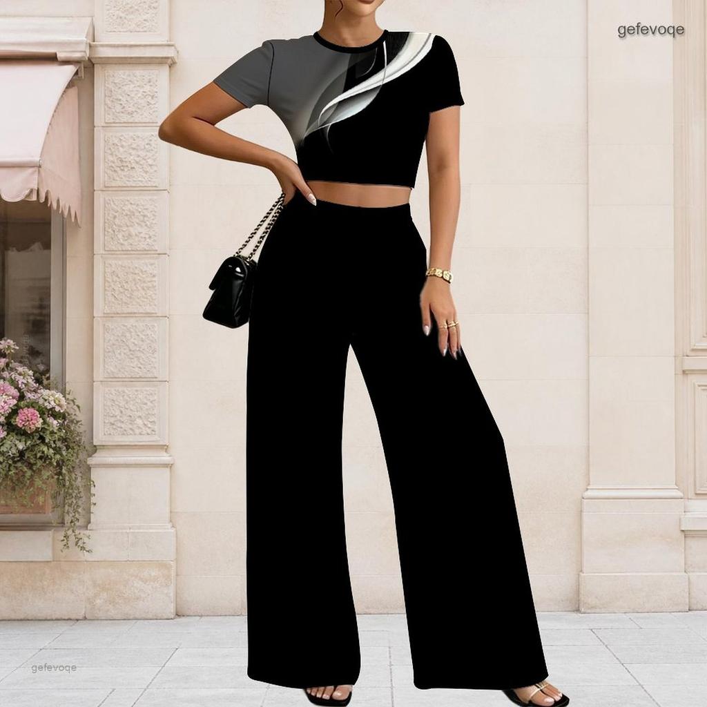 Women Plus Size Round Neck Short Sleeve Heart Printed Crop Top Wide Leg Pants Two Piece Set