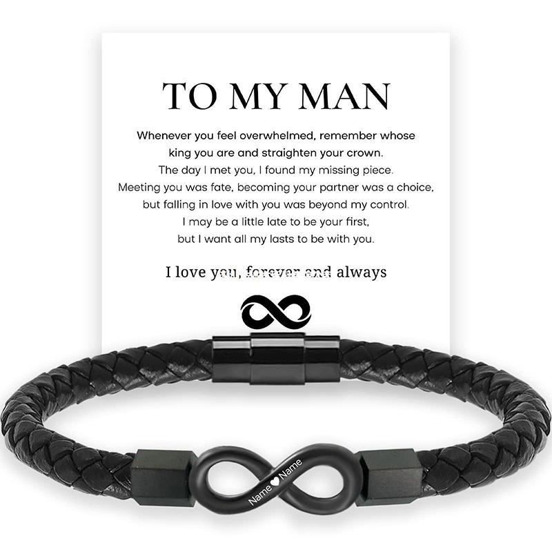 Gift For Men Infinity Bracelet Braided Leather Forever Linked Together Stainless Steel Engraved With Love You Forever Jewelry
