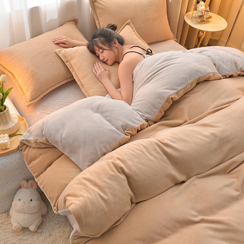 Class A Maternal Infant Grade Milk Fleece 4-Pcs Set, Warm Thickened Coral Fleece Fleece Bed Sheet, Bed Hat, Quilt Cover 3-Pcs Set