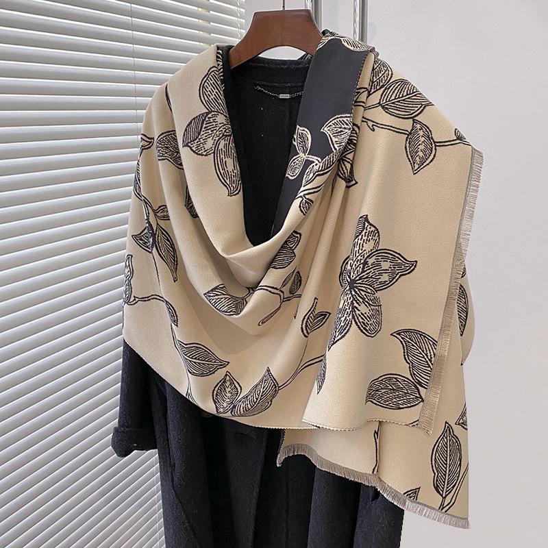 Imitation Cashmere Double-Sided Contrasting Color Versatile Plant Printing Double-Sided Warm Scarf Shawl Outer Women