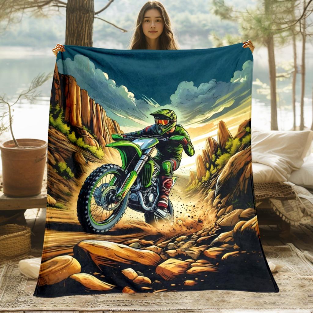 Motorcycle racing pattern Flannel printed blanket suitable for all seasons suitable for living room office sofa and travel
