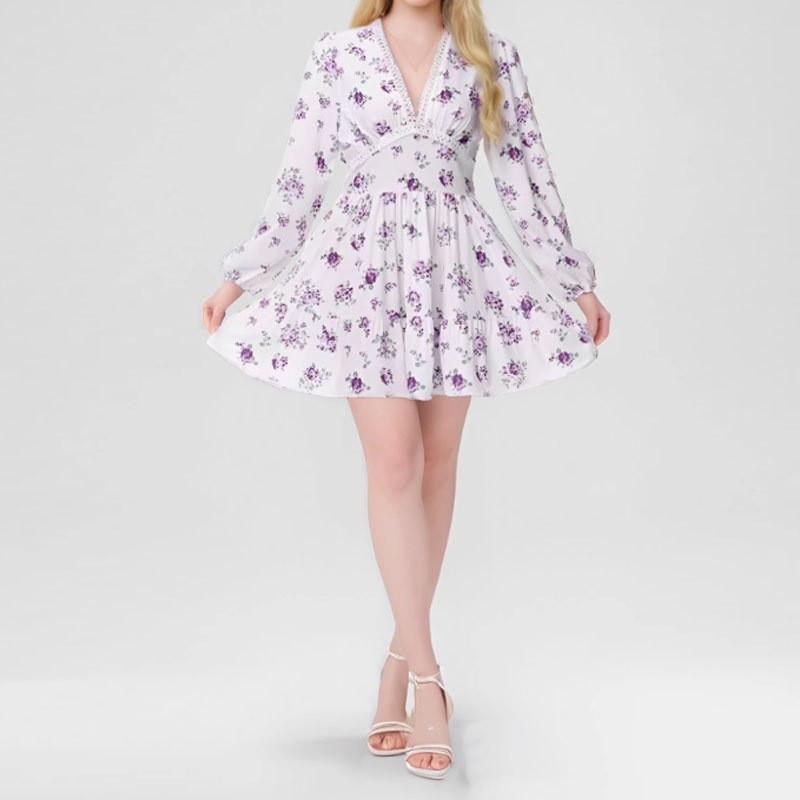 Spring Elegant Floral V Neck Lace Short Dress For Women With Puff Sleeves