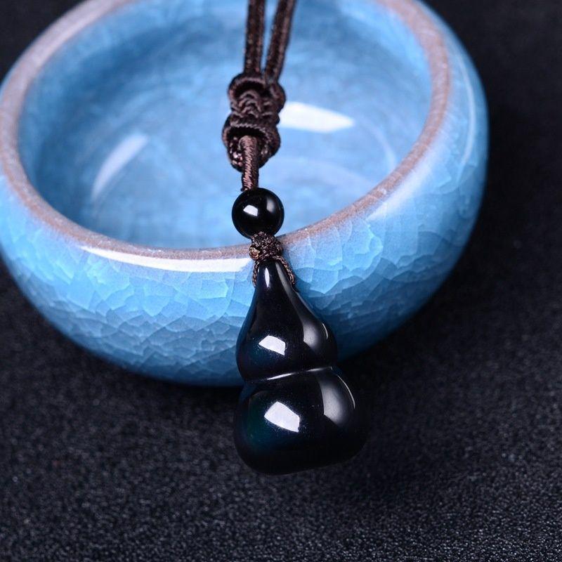 Rainbow Eye Obsidian Gourd Pendant Necklace - Unisex Three-Dimensional Design