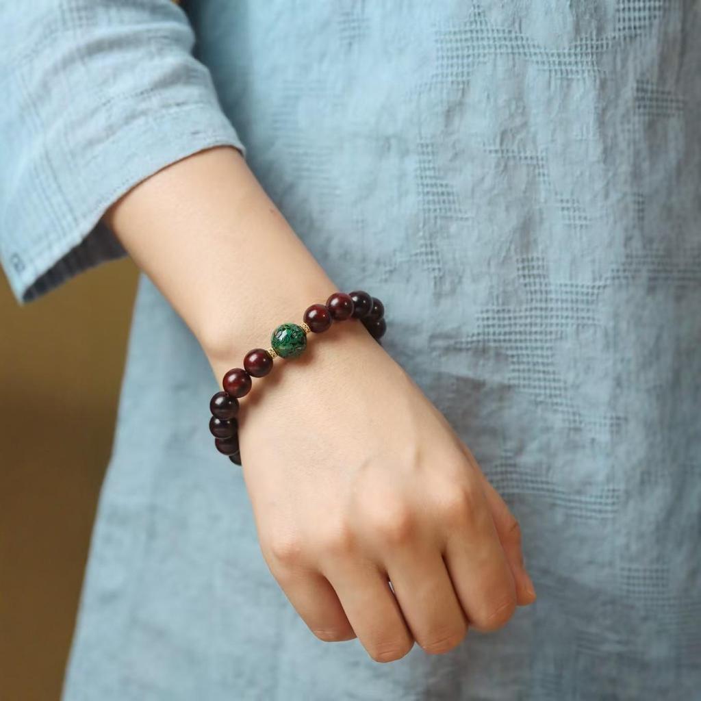 Women's Small-Leaf Rosewood Bracelet with Mother-of-Pearl Bead, Wenwan Buddhist Calming Ornament, Unisex.