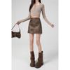 T98 Brown High-Waisted Leather Midi Skirt - Retro Distressed Style for Autumn/Winter