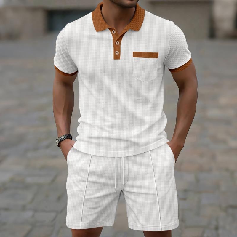 Set de shorts și tricou polo pentru bărbați, cu mânecă scurtă, guler cu nasturi și buzunar, ținută casual din două piese