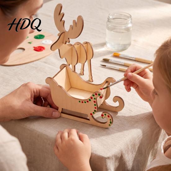 Festive Elk And Sleigh Model Wooden Christmas and Tabletop Ornament DIY Wood Art Craft