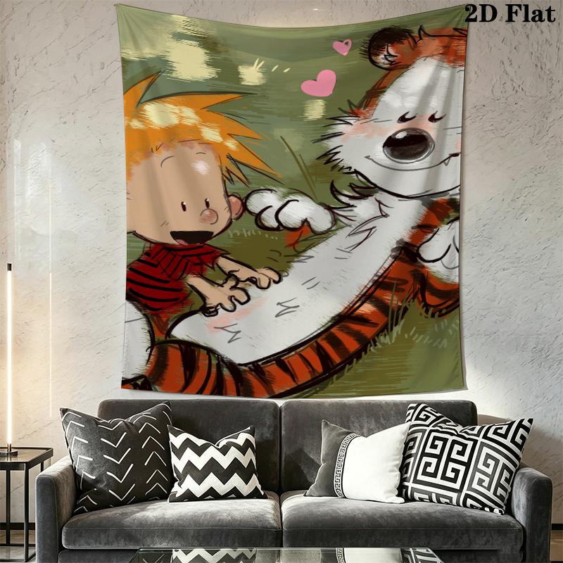 Calvin and Hobbes Wall Tapestry Aesthetic Wall Hanging Printed Fabric Blanket Decorative Tapestries for Bedroom Living Room Home Decor