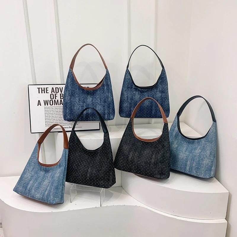 Elegant Large Capacity Tote Bag for Women  Versatile Shoulder Bag for Travel  Denim Bag Underarm  Fashionable Shoulder Bag