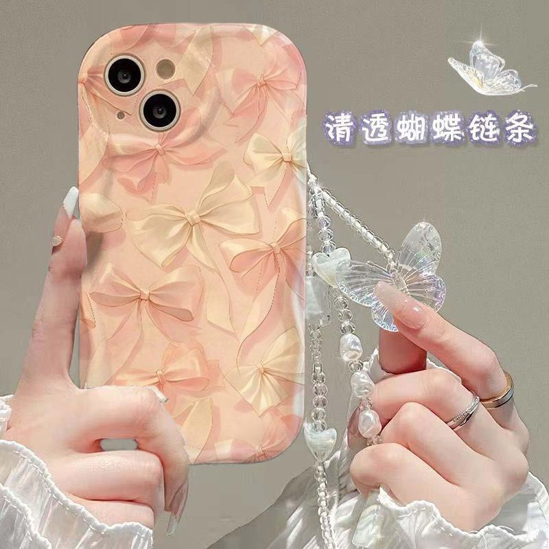 Pink Bowknot Chain Phone Case For Samsung Galaxy S25 FE S24 S23 S22 Ultra Plus FE A56 A55 A16 A06 A17 A53 5G Cover Clear  Soft