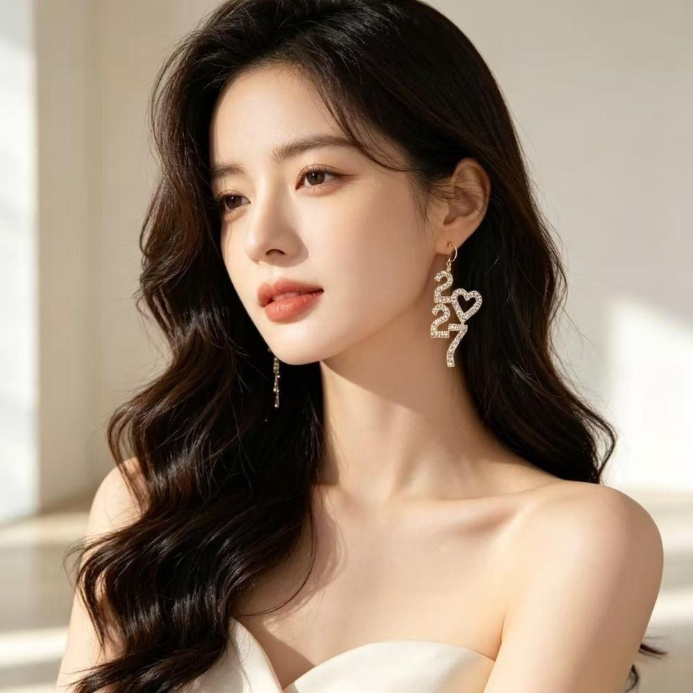 Long Drop Happy New Year Earrings Rhinestone Stud Earrings Fashion 2027 Digital Earrings Christmas