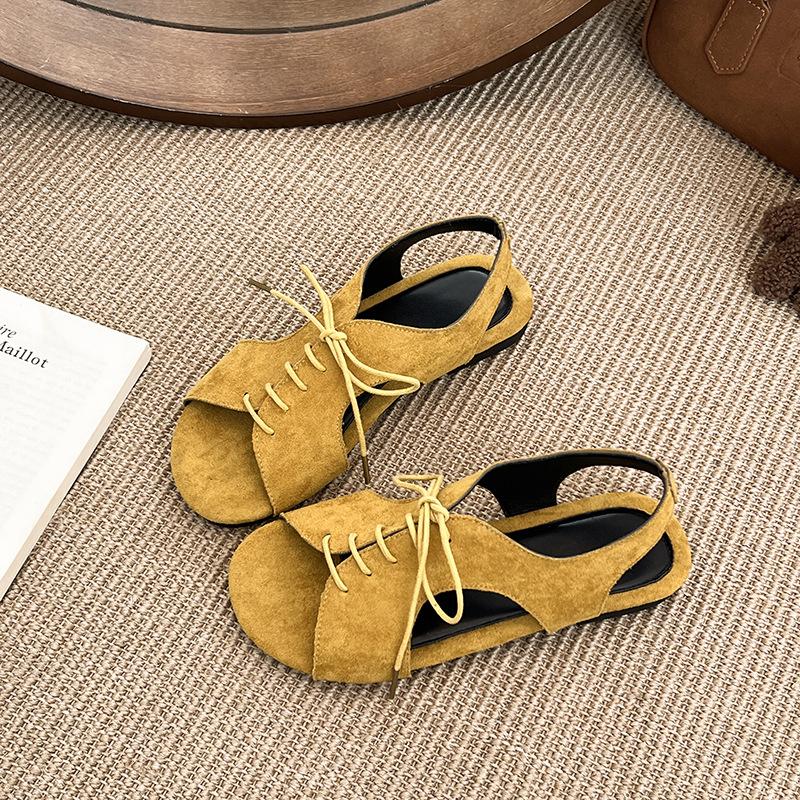 European, American and Roman lace-up round head sandals summer new thick-soled one-pedal round head open-toed front lace-up beach sandals
