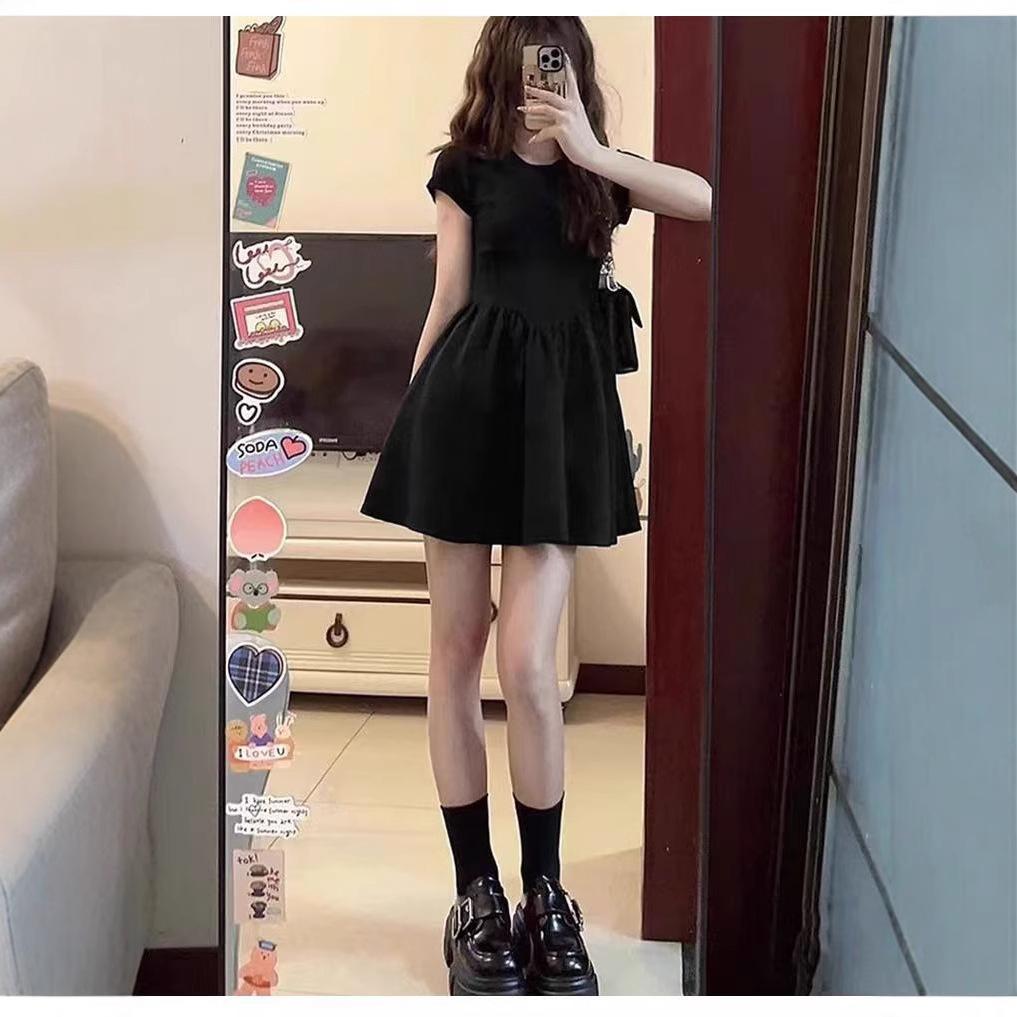French Hepburn style black dress children's summer new small black dress waist thin short skirt