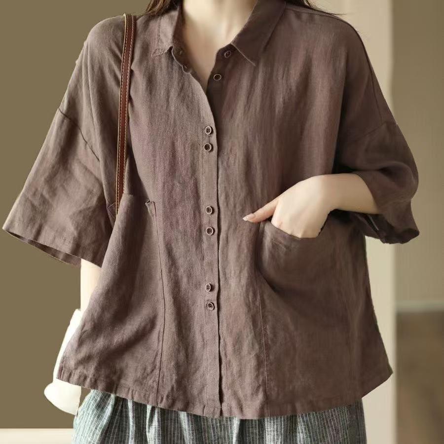 

Plus Size Summer Retro Cotton Linen Short-Sleeved Shirt Women Korean Casual Solid Color Shirts Women Loose Blouses Female T-Shirt Tops XXXL кавовий