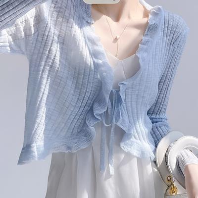 Sommer Damen Sonnenschutz Strickshirt Spitzenbesatz Ein Knopf Langarm Crop Top Damen Kurzarm Offen Vorne Rippstrick Strickjacke