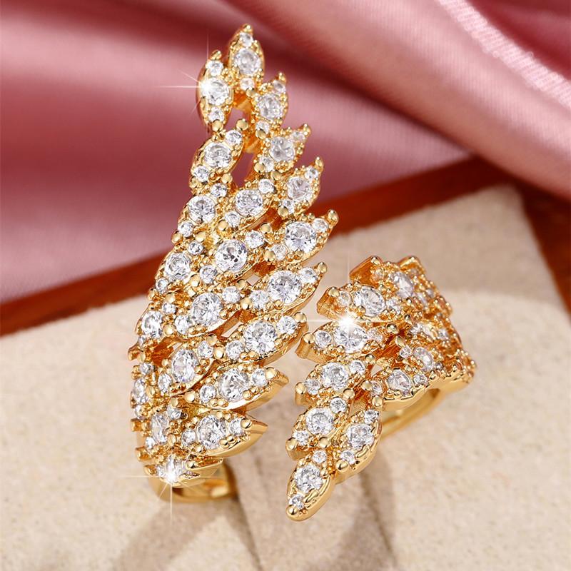 Huitan Trendy Feather Adjustable Ring for Women Wedding Party Sparkling Cubic Zirconia Rings Zinc Alloy Color Drop Shipping Zircon